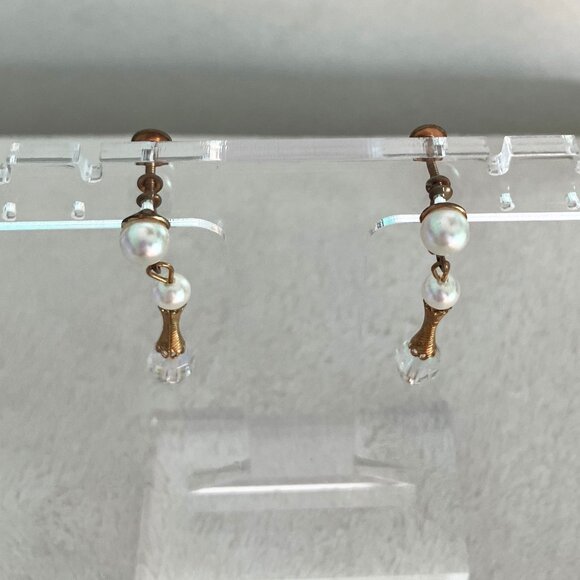 Vintage 60s Gold Tone Faux Pearl AB Crystal Drop Screw Back Clip Earrings Retro - Picture 3 of 8